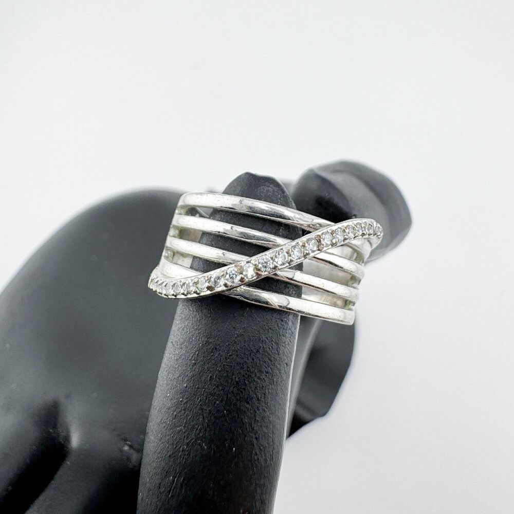 Vintage ALT China Silver Tone Multi Band Ring Clear Crystal Crossover Modern